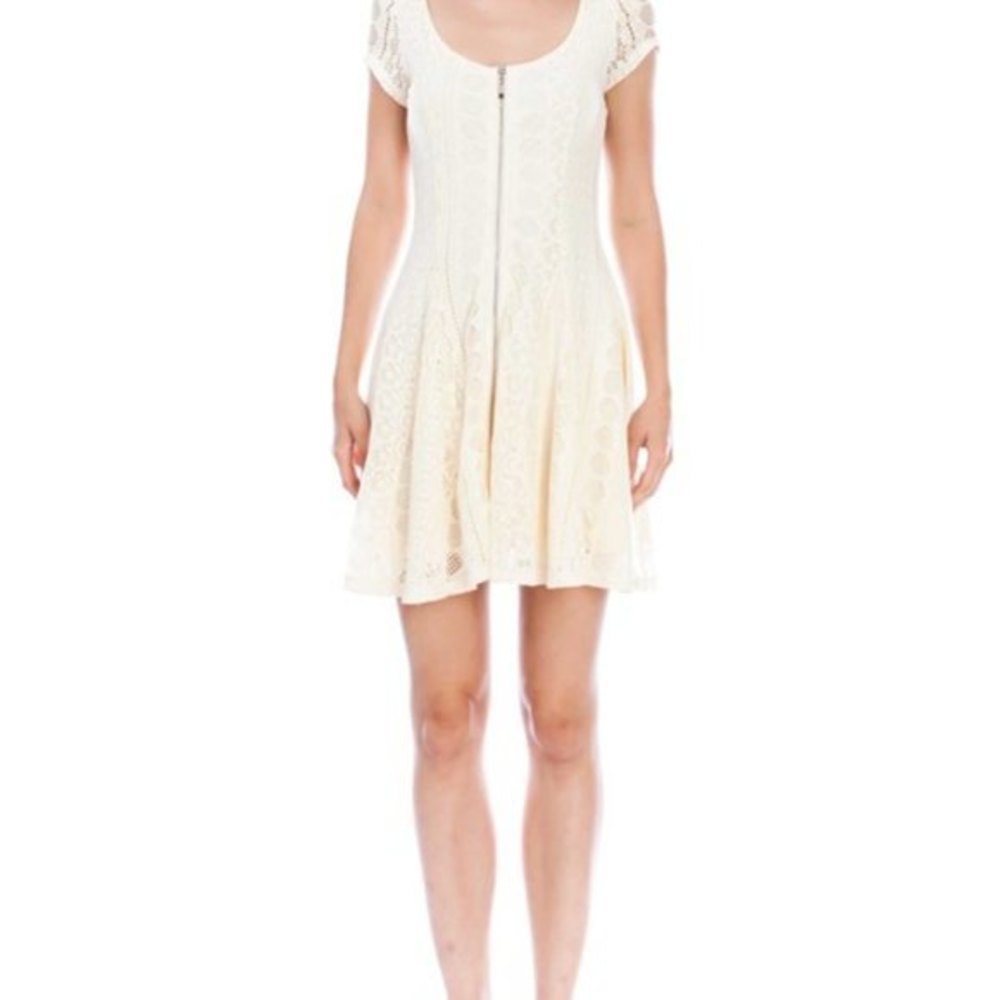 V0-Virgin Only Womens Zip Front S’ Eyelet Lace Lined Cap Sleeve Ivory Mini Dress